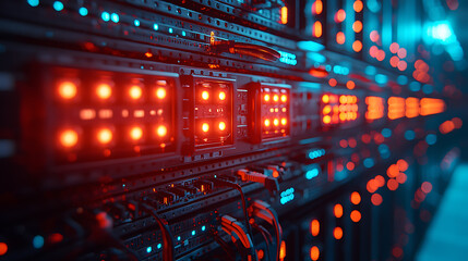 Naklejka premium Close-up of a server rack with neatly organized cables and blinking LED indicators in a high-tech data center, with more server racks in the background. 