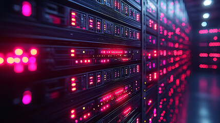 Fototapeta premium Close-up of a server rack with neatly organized cables and blinking LED indicators in a high-tech data center, with more server racks in the background. 