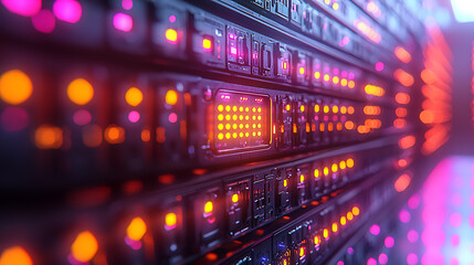 Obraz premium Close-up of a server rack with neatly organized cables and blinking LED indicators in a high-tech data center, with more server racks in the background. 