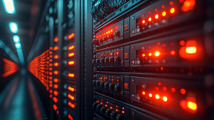 Obraz premium Close-up of a server rack with neatly organized cables and blinking LED indicators in a high-tech data center, with more server racks in the background. 