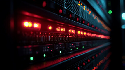 Close-up of a server rack with neatly organized cables and blinking LED indicators in a high-tech data center, with more server racks in the background.
