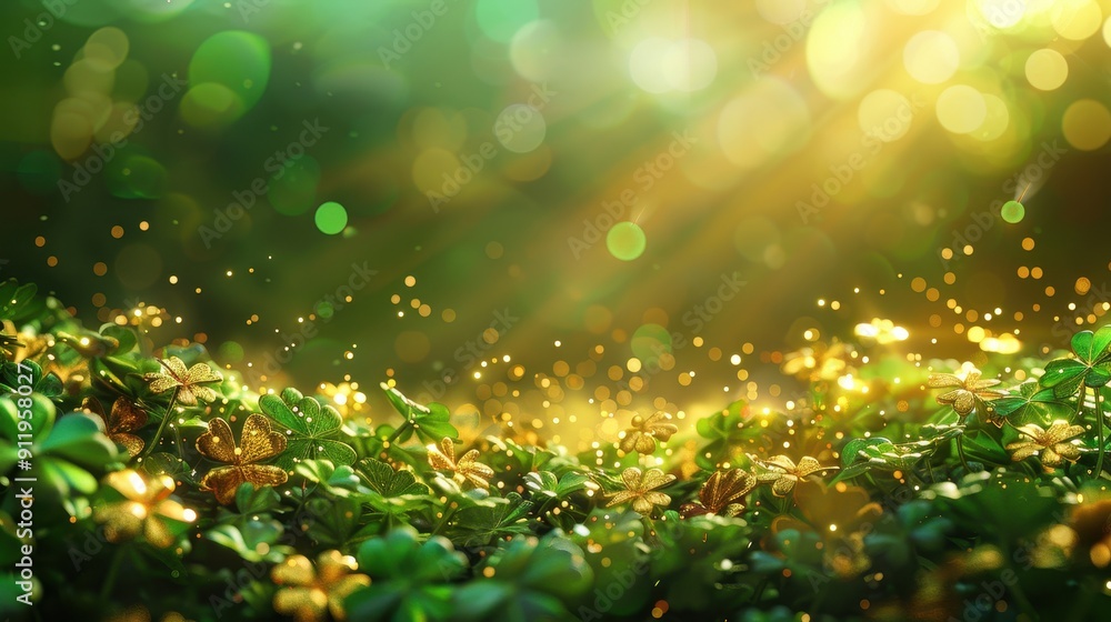 Poster Golden Clover Leaves with Blurred Bokeh Background