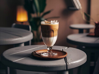 Obraz premium Coffee and milk are mixed in a highball glass with ice. gray wooden table background. Ai generative