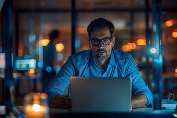 a businessman working alone at night in his office due to work deadlines, stress, overwork in a modern job