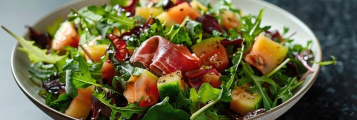 Mixed Green Salad with Melon and Prosciutto Perfect for Serving