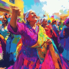 Fototapeta premium A dynamic scene of older adults participating in a vibrant theater performance, wearing colorful costumes and expressing themselves creatively, symbolizing empowerment through dram