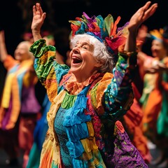 A dynamic scene of older adults participating in a vibrant theater performance, wearing colorful costumes and expressing themselves creatively, symbolizing empowerment through dram