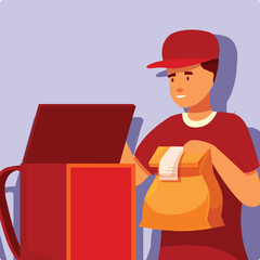 Delivery man packing food order using thermal backpack for hot food delivery service