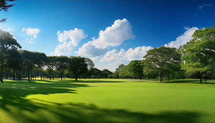 Fototapeta premium Blue sky and grass. A large park.