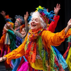 Fototapeta premium A dynamic scene of older adults participating in a vibrant theater performance, wearing colorful costumes and expressing themselves creatively, symbolizing empowerment through dram