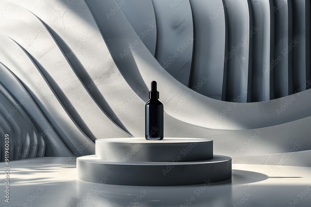 Poster black dropper bottle on a white platform against a curved background