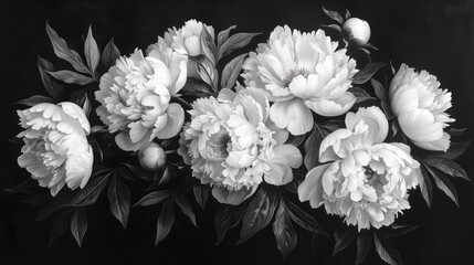 Vintage Peony Bouquet on Black and White Baroque Floral Background - Old-fashioned Floristic Decoration for Wallpaper, Greeting Cards, or Natural Flower Pattern