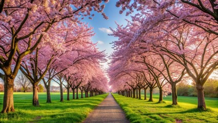 Tranquil cherry blossom avenue with blooming flowers under a calm sky and soft green meadow, cherry blossom, spring