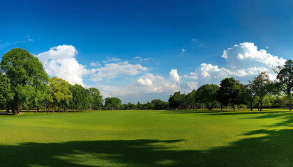 Fototapeta premium 青空と芝生。広い公園。Blue sky and grass. A large park.