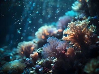 Fototapeta premium A breathtakingly detailed, highly realistic, and vividly colored cinematic photograph of the deep sea, evoking the sense of being immersed in the darkest Generative AI