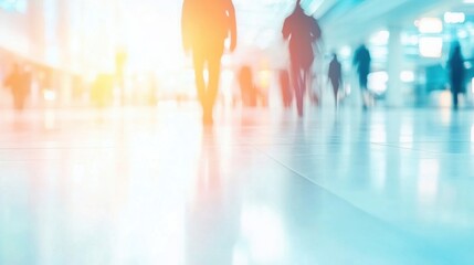 Travelers move through a bustling airport terminal filled with natural light and activity