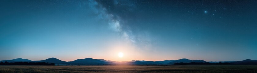 Fototapeta premium Breathtaking view of the Milky Way and sunrise over mountains, showcasing nature's beauty and tranquility in a striking landscape.