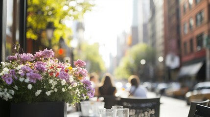 People are enjoying meals outdoors at a cafГ© filled with sunlit flowers and the buzz of city life