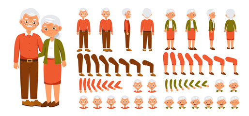 Grandparents constructor set. Happy old man and woman hugging. Pack of legs, hands and faces for creating animation. Love, care and support. Flat vector collection