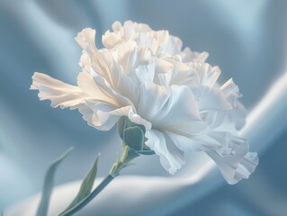 Delicate white flower with soft, textured petals against a blue background.