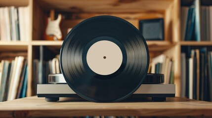 A vinyl record with a blank label, placed on a neon green and yellow background. The vibrant neon light provides clear copy space. The lighting is smooth and diffused, creating a modern lookd