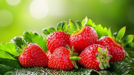 A collection of vibrant strawberries in various shapes and sizes, with dew drops glistening under soft morning sunlight, set against a lush green background