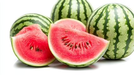 A collection of watermelons, focusing on a close-up of a juicy slice with seeds, against a white background, highlighting freshness