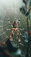 Close-up of a spider in its web, with dew drops.