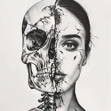 one half image of half Woman and half skeleton illustration