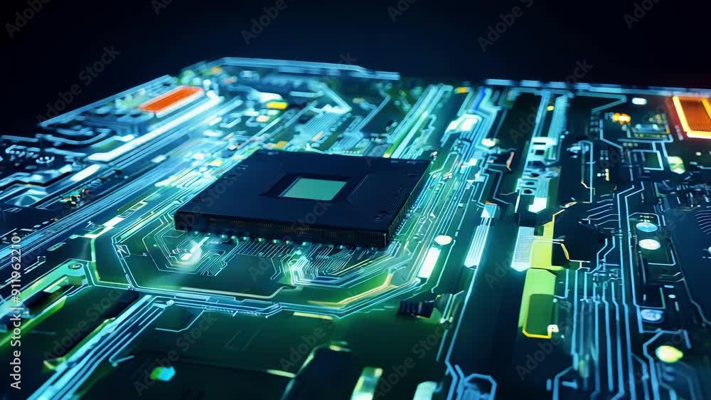 Aufkleber a detailed view of a circuit board featuring vibrant pathways and a central chip illuminated in a da