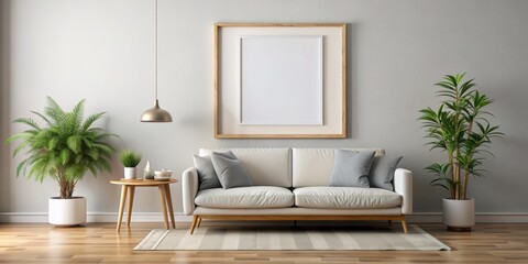 Empty frame mockup hanging on a living room wall poster mockup, interior design, home decoration, blank frame