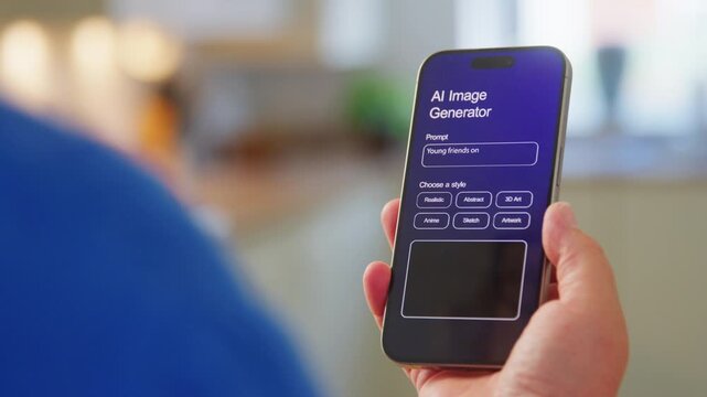 User interacts with an AI image generator app on their smartphone.