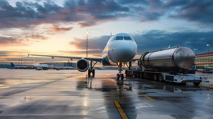 Commercial airplane parked on an airport tarmac being loaded using advanced machinery.