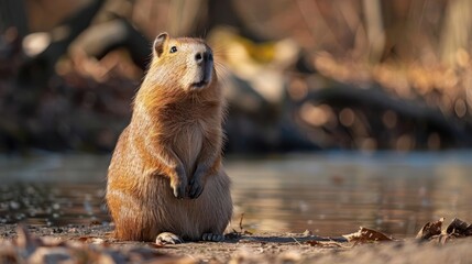 A gopher standing in a stream or near water