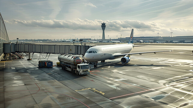 Commercial airplane parked on an airport tarmac being loaded using advanced machinery.