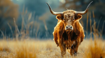 The cow is walking across a field with a backdrop of nature. The cow's horns are prominently displayed.
