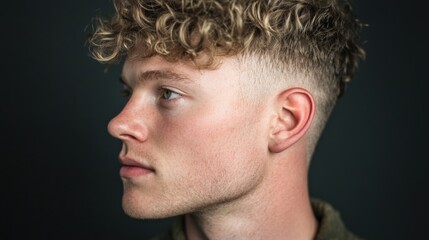 Fototapeta premium A young man showcases his stylish modern curly hairstyle, striking a thoughtful pose