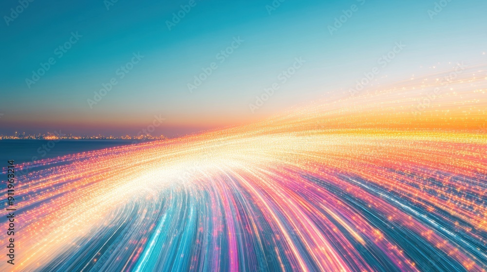 Poster dynamic light trails illuminate the horizon at dusk, creating a captivating visual effect