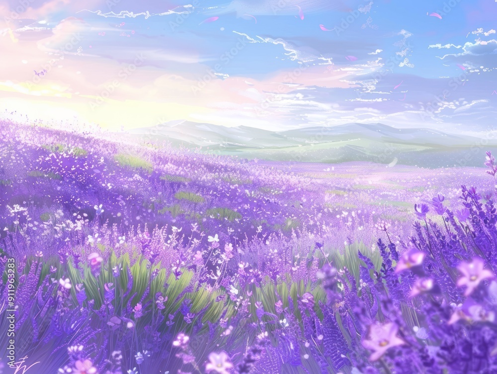 Canvas Prints Dreamy purple flower field with a blue sky and fluffy clouds.