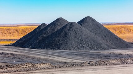 Large mounds of coal are stacked at a mining site under clear blue skies