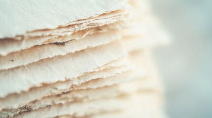 A stack of beige paper sheets is arranged neatly, capturing soft afternoon light