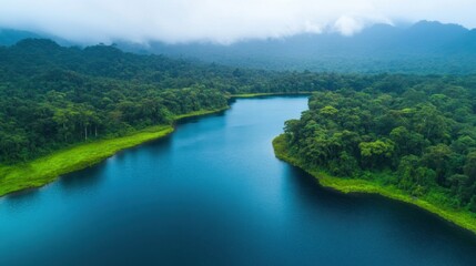 Fototapeta premium A tranquil mountain lake reflects the dense forest as mist gently rolls in with the dawn
