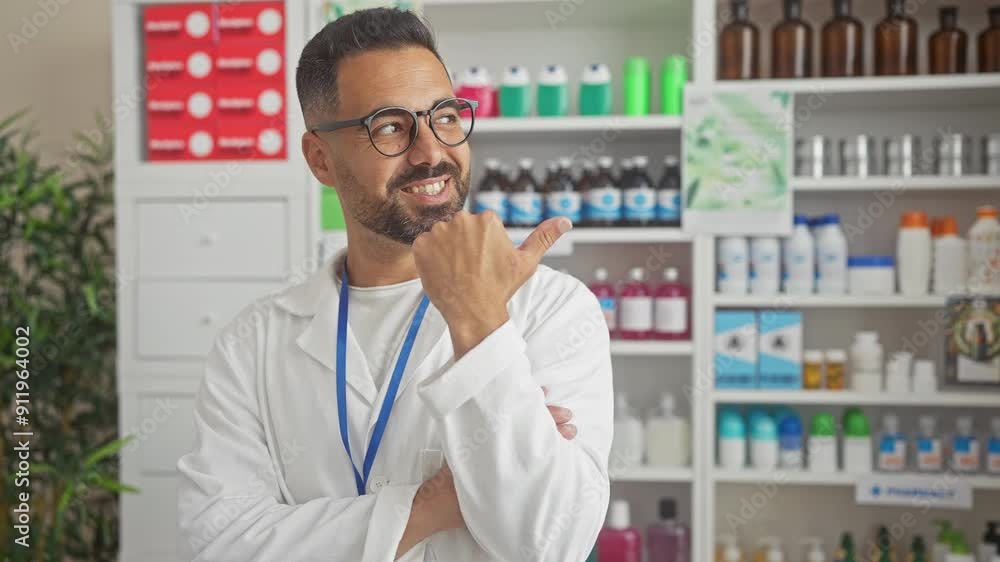 Canvas Prints happy young hispanic man in pharmacist uniform smiling and pointing upwards with thumb, looking asid