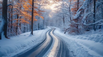 Obraz premium Snowy Road in a Winter Forest