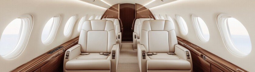 Luxurious interior of a private jet showcasing elegant seating and sophistication, ideal for exclusive travel experiences.