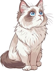Obraz premium Cute cartoon cat with blue eyes sitting and looking up.