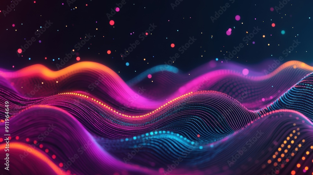 Poster colorful neon waves move fluidly across a dark backdrop, creating a captivating visual effect