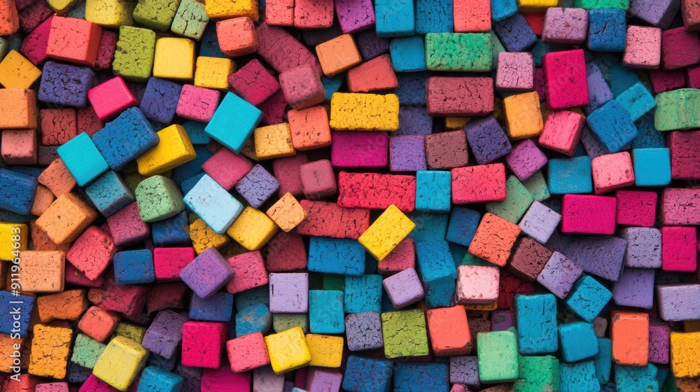 Poster brightly colored building blocks scattered randomly across a surface create a lively visual display
