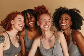 Obraz premium A group of multiethnic friends smiling and hugging each other, friendship, standing, photo studio photo