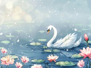 A white swan gracefully floats on a tranquil lake, surrounded by blooming lotus flowers.
